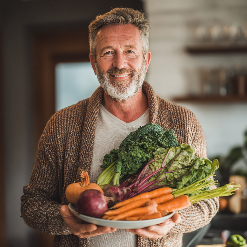 Чоловік 55 років тримає тарілку зі свіжими овочами та усміхається, демонструючи результати здорового харчування