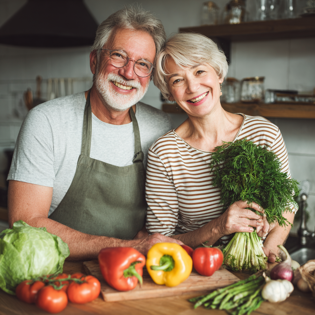 Подружжя 52 і 56 років разом готують здорову їжу, усміхаються та тримають свіжі інгредієнти