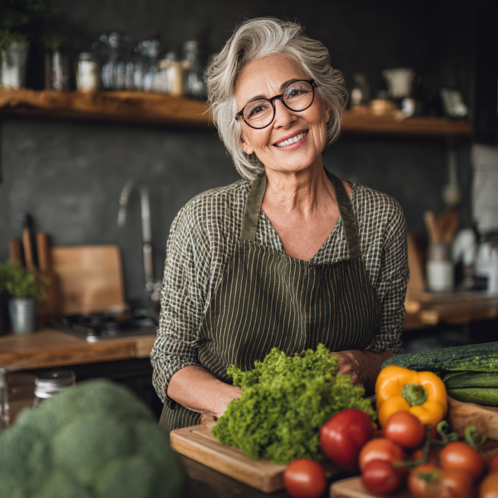 Жінка 58 років готує здорову їжу на кухні, усміхається та тримає свіжі овочі